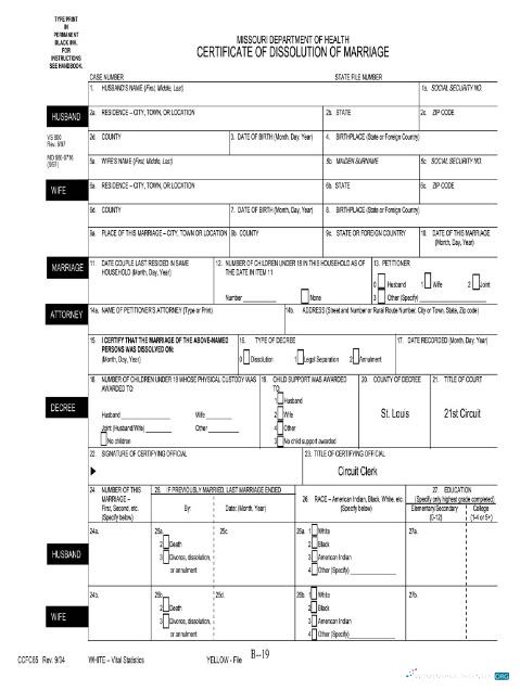 Download USA Department of health Missouri divorce certificate Photoshop template